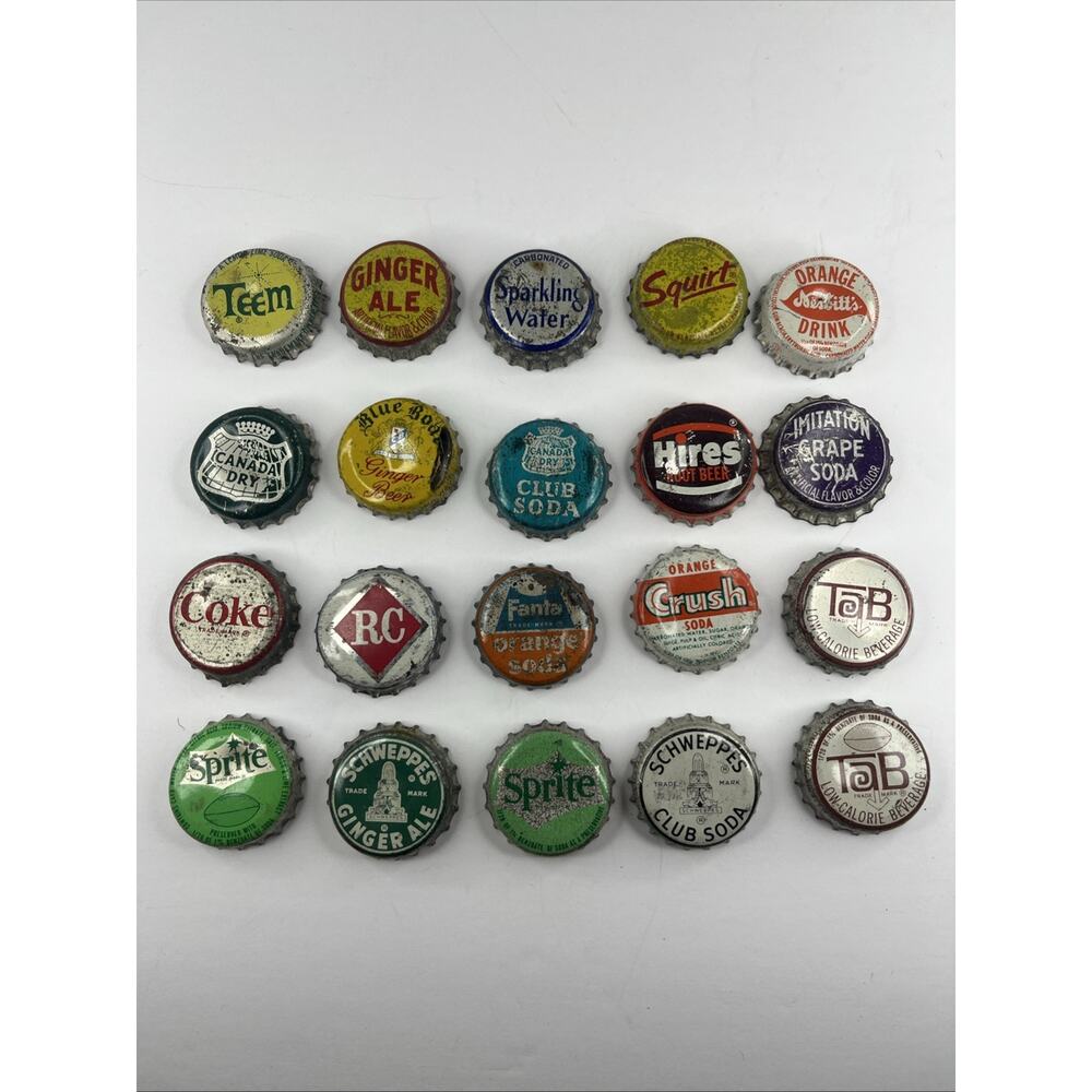Lot of 20 Soda pop bottle caps cork lined Vintage Rc Sprite Teem Crush Tab Coke